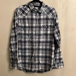 Express Vintage Y2K Western Button Down Blue White Plaid Shirt with Snap Buttons